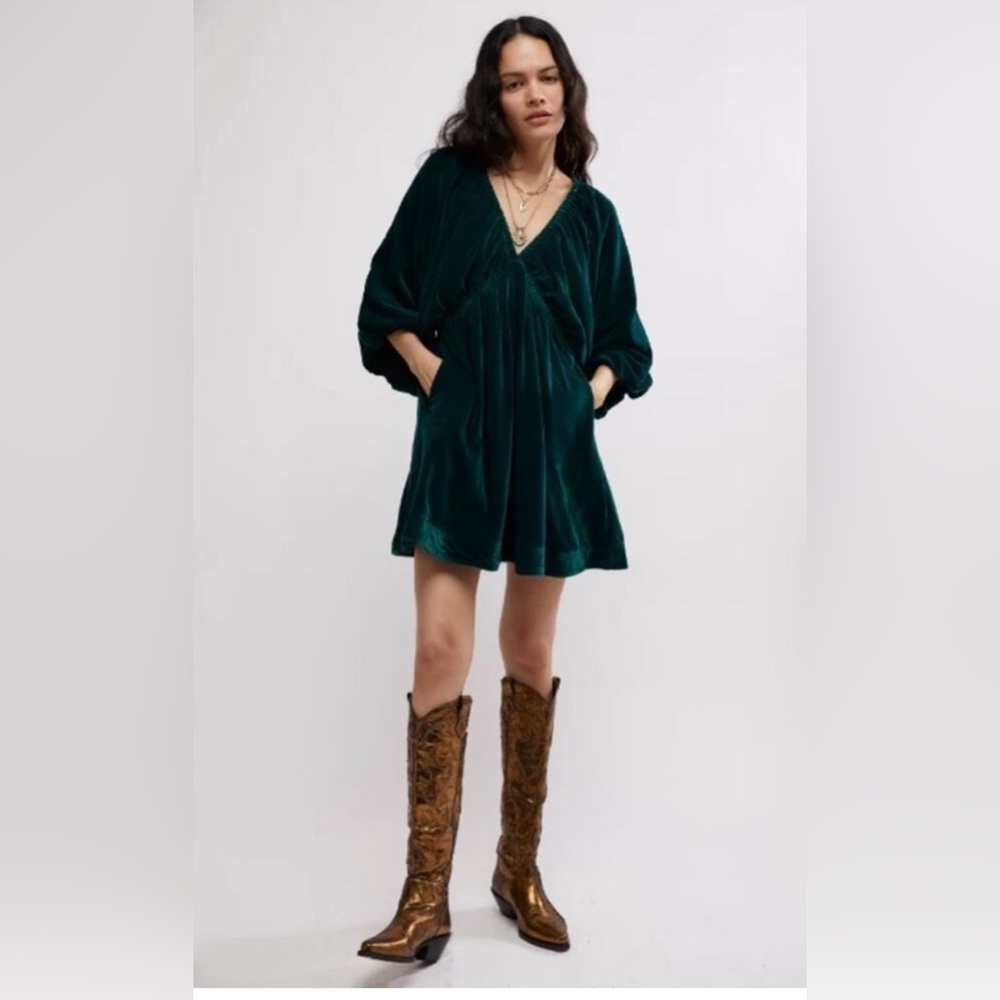Free People Green Portia Velvet Babydoll Mini Dress Size XS NWT